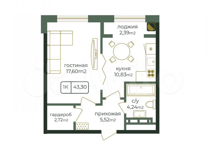 1-к. квартира, 43,3 м², 3/16 эт.