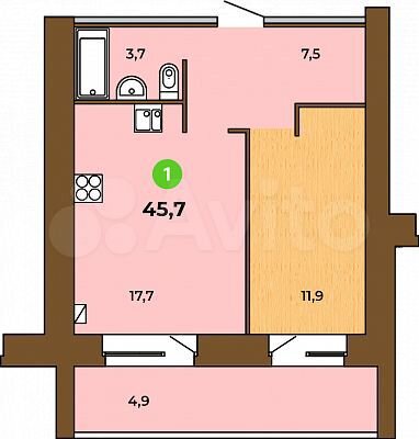 2-к. квартира, 45,7 м², 1/9 эт.
