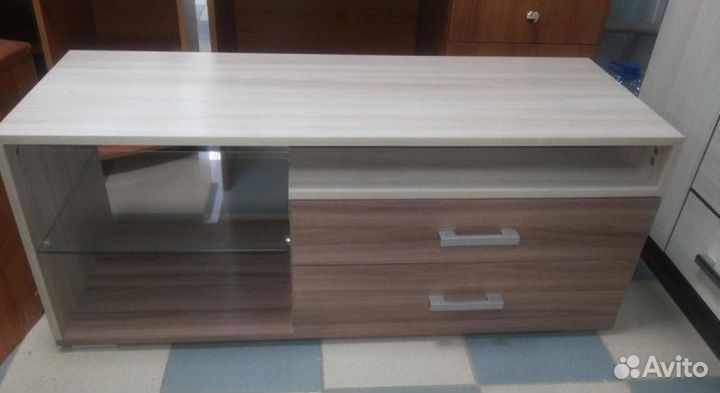 Тумба под тв с 2 ящиками Ясень шимо тёмный/светлый