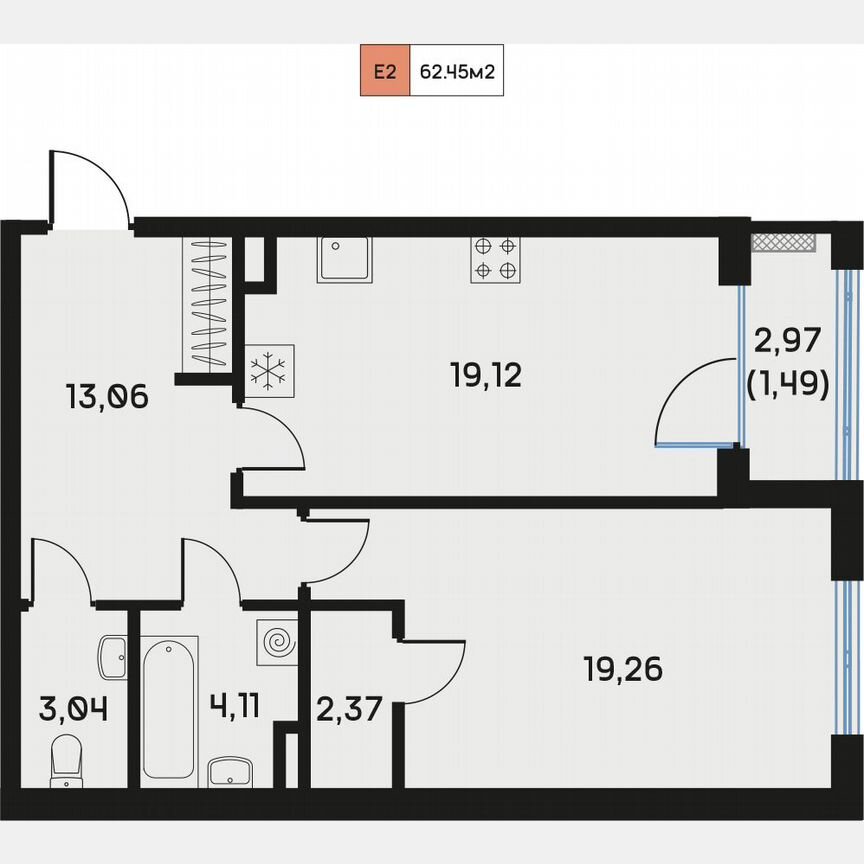 1-к. квартира, 62,6 м², 4/9 эт.