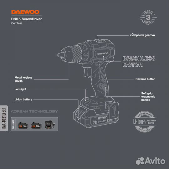 Шуруповерт аккумуляторный daewoo DAA 4021 Li SET