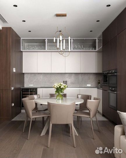 Прямая кухня в бежевом глянце и матовом дереве