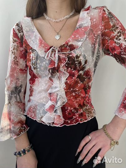 Pimkie винтаж y2k топ сетка с рюшами S