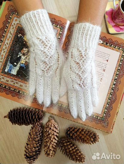 Перчатки белые ажурные вязаные из козьего пуха