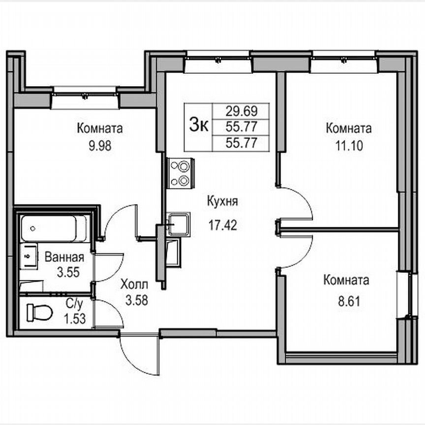 3-к. квартира, 55,3 м², 1/24 эт.