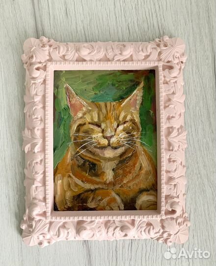 Картина маслом, рыжий кот в рамке 17х20 см