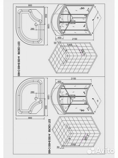 Душевая кабина полукруглая с крышей и высоким поддоном EST-129CRB (R). Размер:120x90x210cм