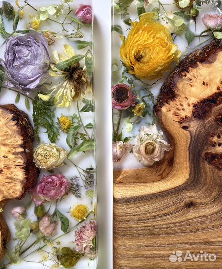 Доска карагач с эпоксидной смолой и сухоцветами