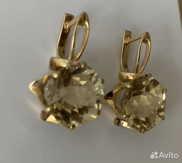 Золотые серьги с большими камнями Цитрин
