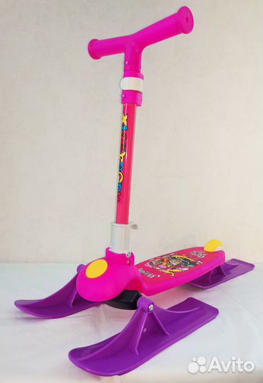 Самокат-снегокат 3-колесный(3 лыжи) розовый, синий