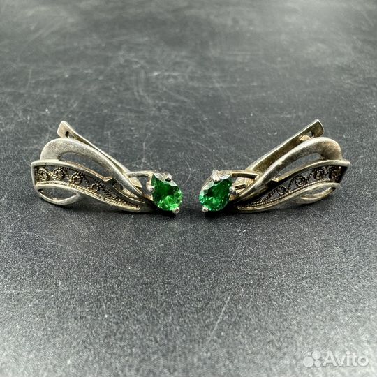 Серьги сережки с изумрудом серебро 925 проба