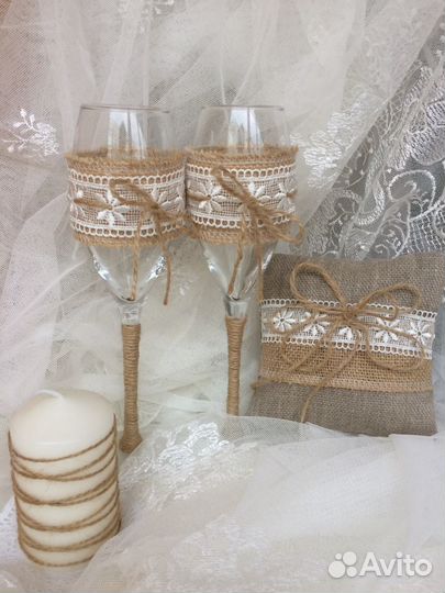 Свадебные бокалы и аксессуары в стиле рустик