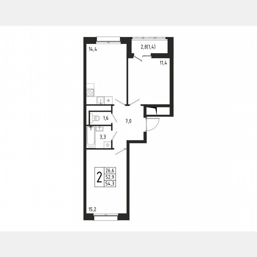 2-к. квартира, 54,3 м², 2/10 эт.