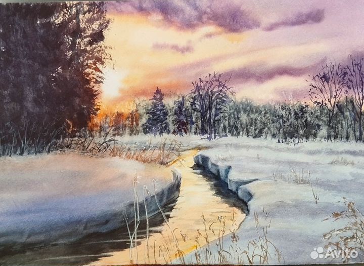 Картина акварель ручная работа Тревожный закат