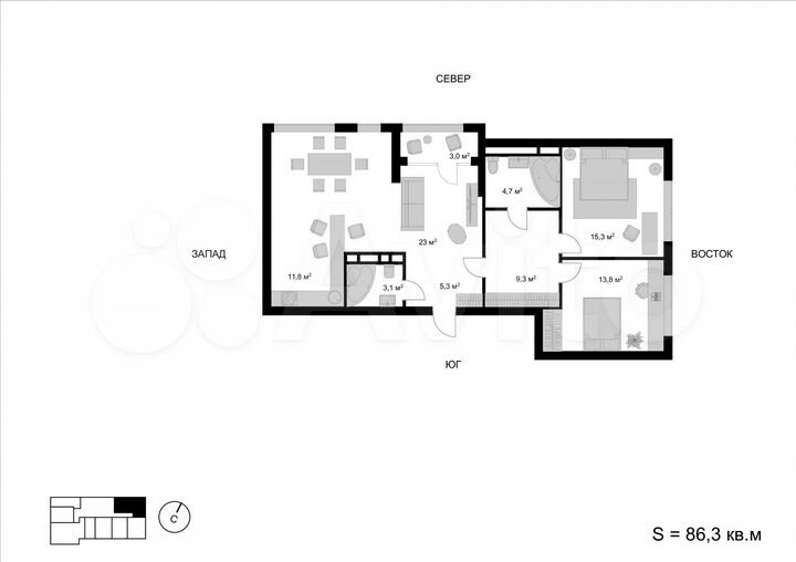 3-к. квартира, 86,3 м², 9/17 эт.