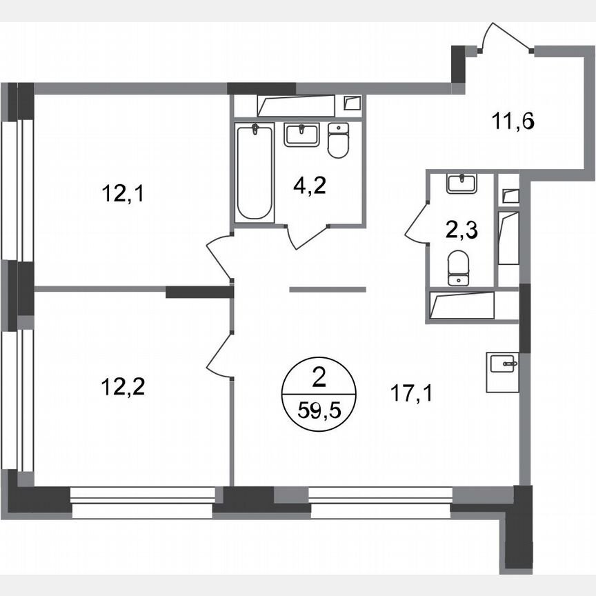 2-к. квартира, 59,5 м², 16/20 эт.