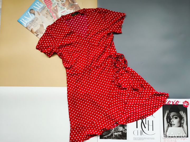 Платье на запах женское красное в горошек 46