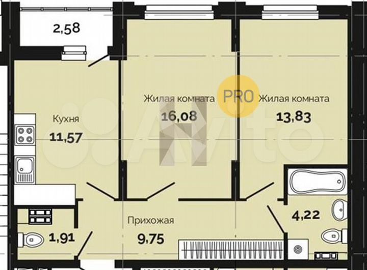 2-к. квартира, 59,9 м², 4/25 эт.