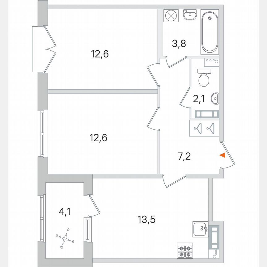 2-к. квартира, 53,9 м², 3/4 эт.