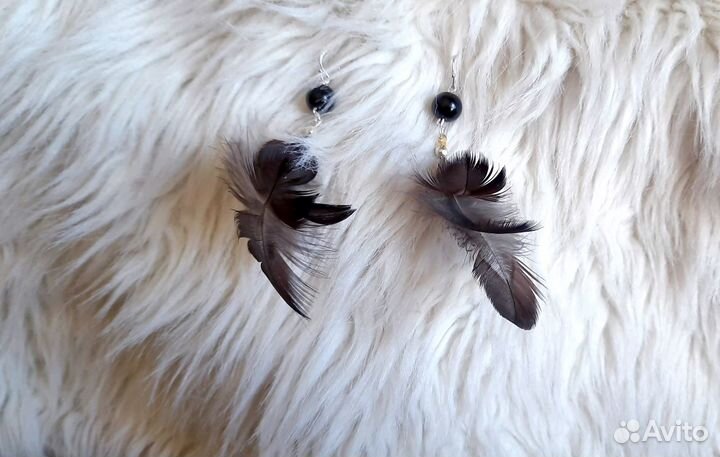 Серьги из перьев чёрного ворона (ручная работа)