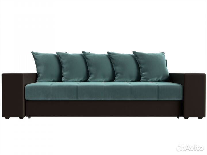 Диван прямой Дубай полки справа, велюр, экокожа, бирюзовый, коричневый