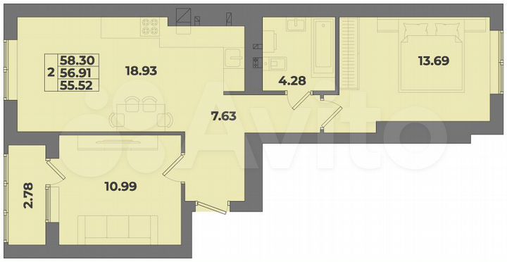 2-к. квартира, 58,3 м², 4/10 эт.