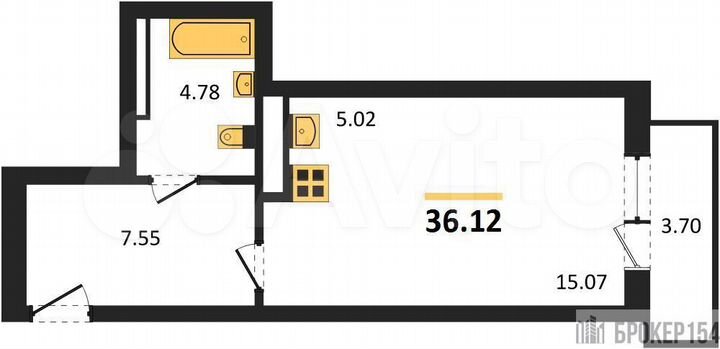 Квартира-студия, 36,1 м², 12/27 эт.