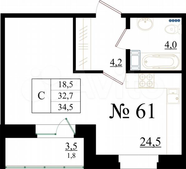 Квартира-студия, 34,5 м², 8/8 эт.