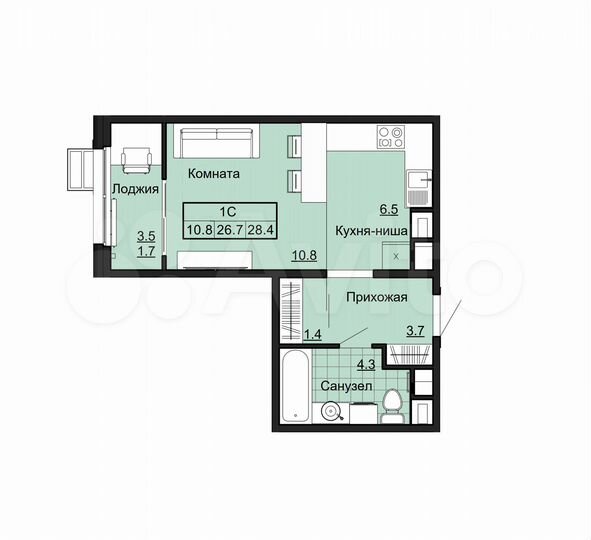 Квартира-студия, 28,4 м², 6/9 эт.