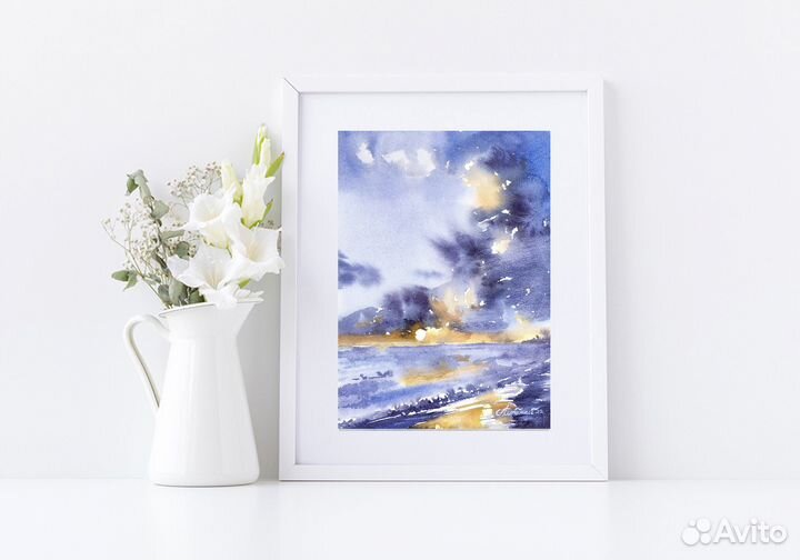 Картина акварелью. Берег моря на закате