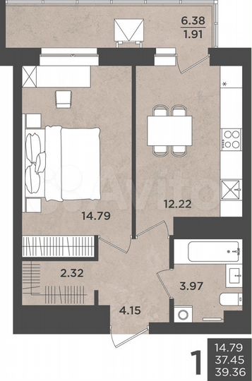 1-к. квартира, 39,4 м², 14/24 эт.