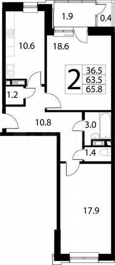 2-к. квартира, 65,8 м², 3/17 эт.