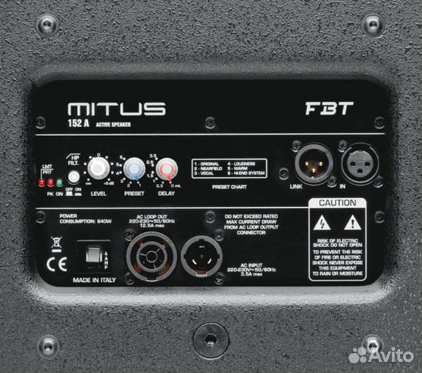 FBT mitus 152A, 2-х полосная активная акустическая система, би-амп, 700 Вт+200 Вт. RMS - 136 db SPL