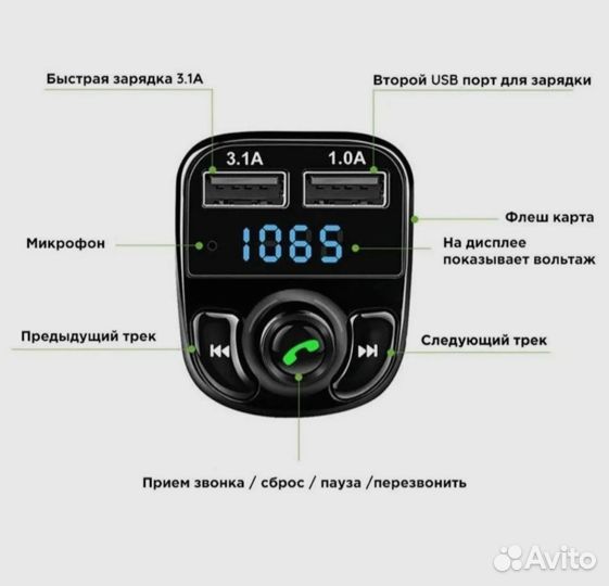 Fm трансмиттер bluetooth/адаптер быстрой зарядки