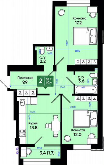 2-к. квартира, 60,2 м², 3/3 эт.