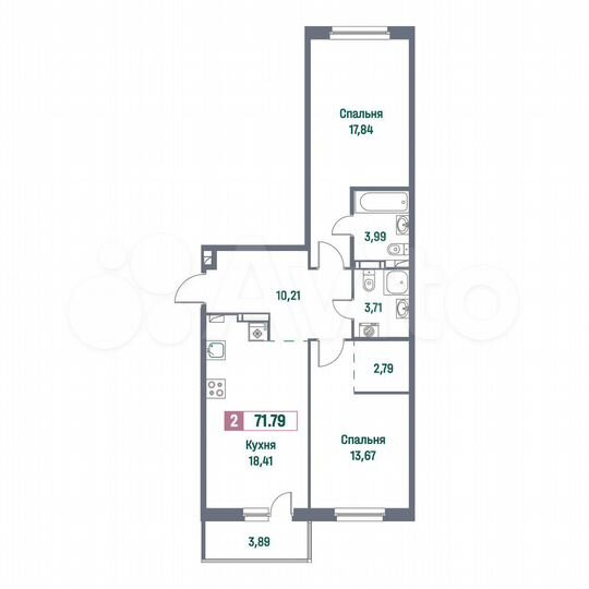 2-к. квартира, 71,8 м², 13/16 эт.