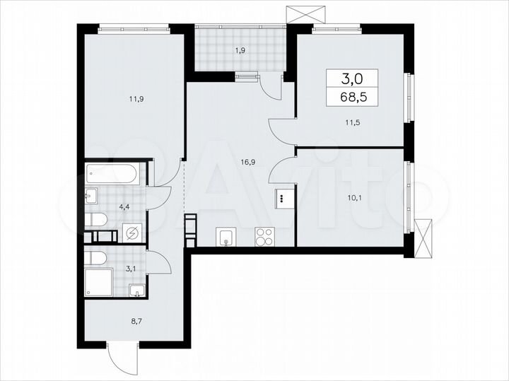 3-к. квартира, 68,5 м², 9/9 эт.