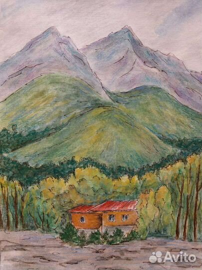 Картина рисунок акварель горы пейзаж кавказ