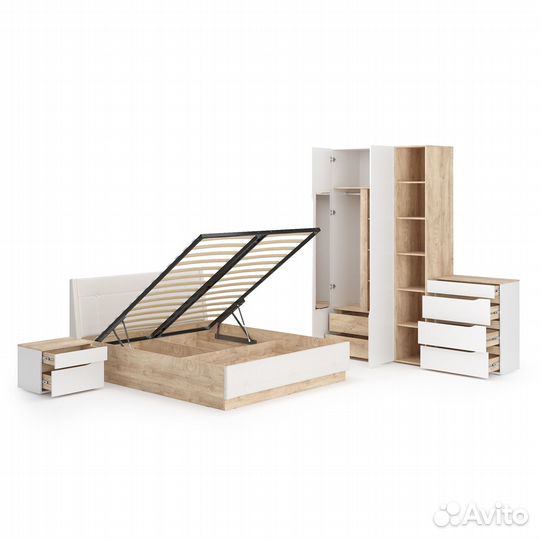 Мебель для спальни Муссон № 4 цвет белый/дуб эндгрейн элегантный/искусственная кожа белая, кровать п