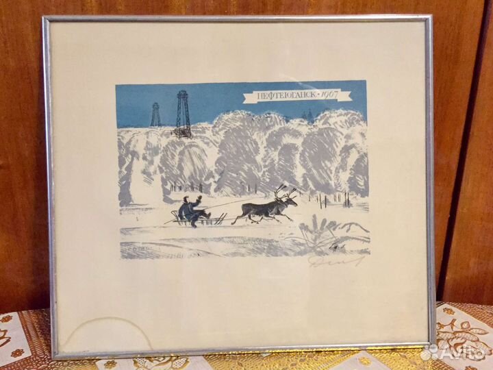 Картина маслом антиквариат, эстамп Аист, постер