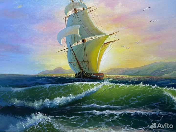 Картина маслом «море»парусник,закат