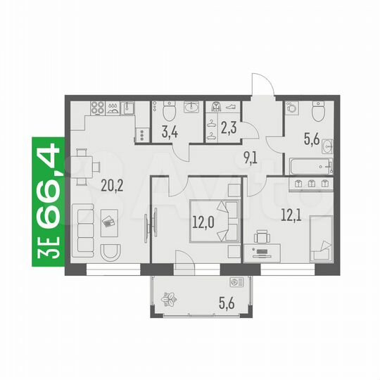 3-к. квартира, 66,4 м², 6/19 эт.