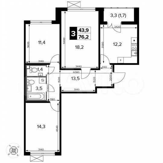 3-к. квартира, 76,2 м², 7/14 эт.