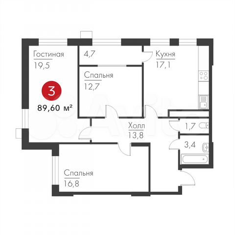 3-к. квартира, 89,6 м², 1/19 эт.