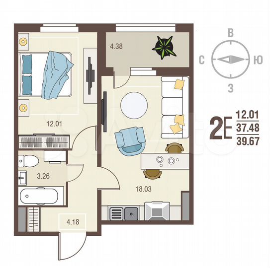 1-к. квартира, 39,7 м², 2/17 эт.