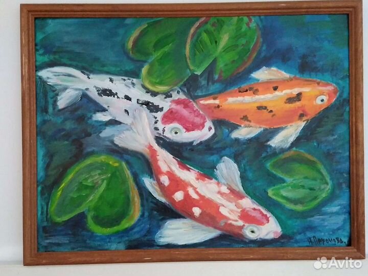 Картина с рыбами, холст на картоне, масло