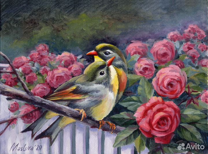 Картина маслом Соловьи и розы 18х24см