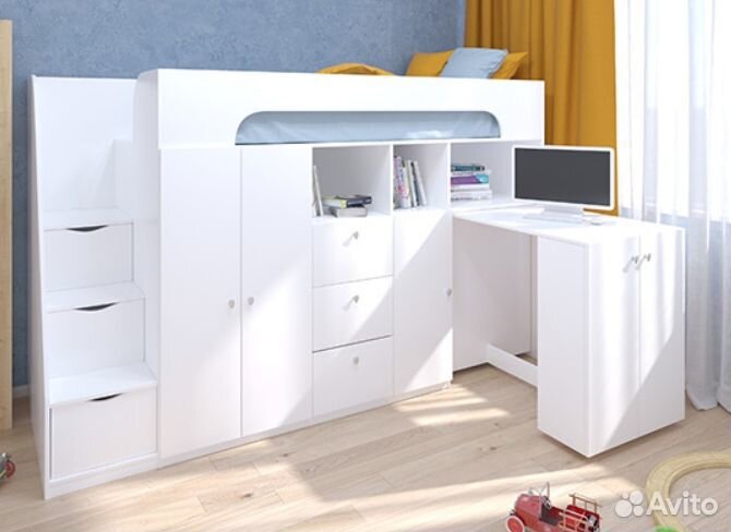 Кровать Чердак Со Столом и шкафом Белый/Шамони