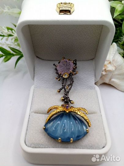 Морская тема: оригинальный кулон с аквамарином, мо