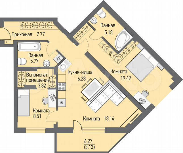 3-к. квартира, 76,8 м², 12/16 эт.